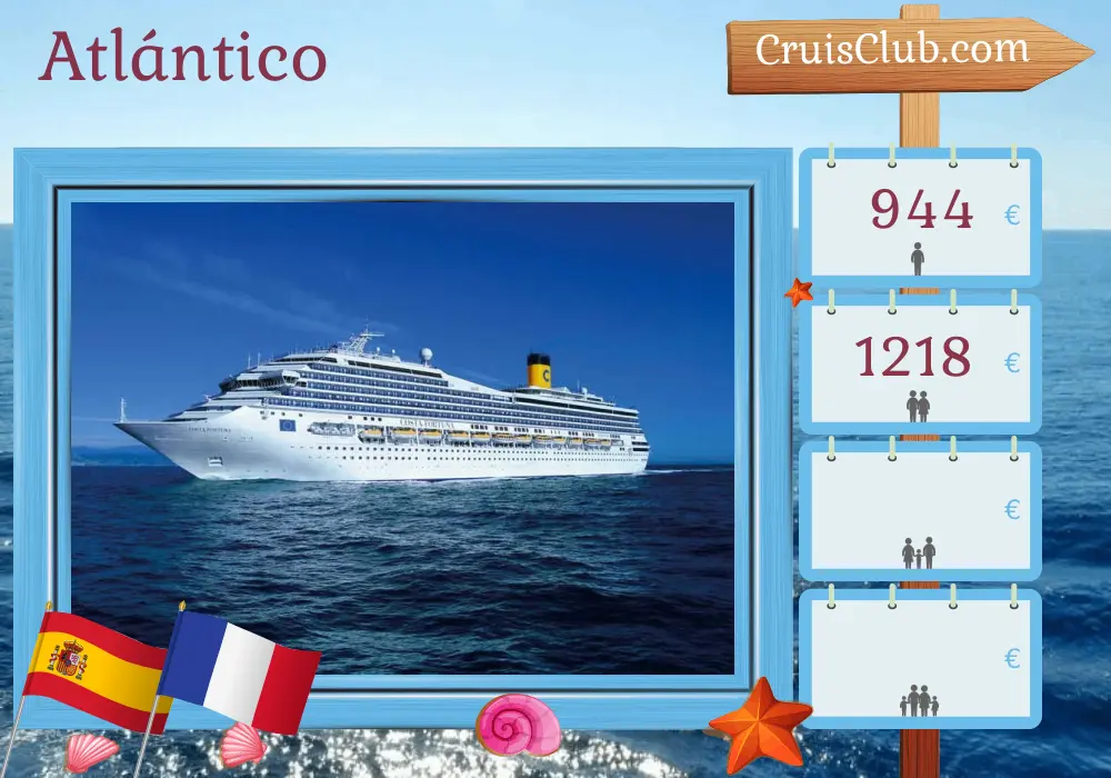 Crucero en el Atlántico desde Santa Cruz de Tenerife a Marsella a bordo del barco Costa Fortuna con visitas a España, Marruecos y Francia durante 7 días