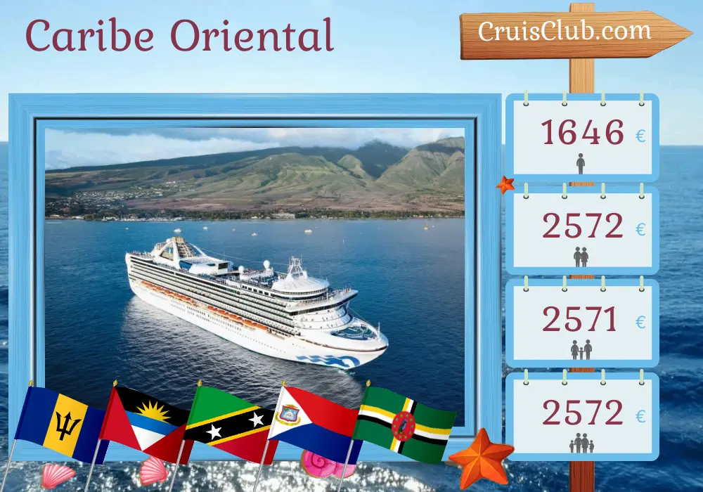 Cruzeiro no Caribe Oriental a partir de Saint John a bordo do navio Grand Princess com visitas a Porto Rico, Barbados, Ilhas Virgens Britânicas, São Cristóvão e Nevis, e Dominica por 15 dias