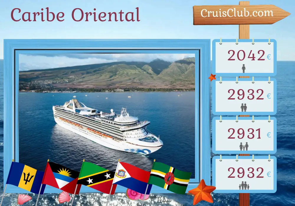 Cruzeiro no Caribe Oriental a partir de Saint John a bordo do navio Grand Princess com visitas a Porto Rico, Barbados, Ilhas Virgens Britânicas, São Cristóvão e Nevis, e Dominica por 15 dias