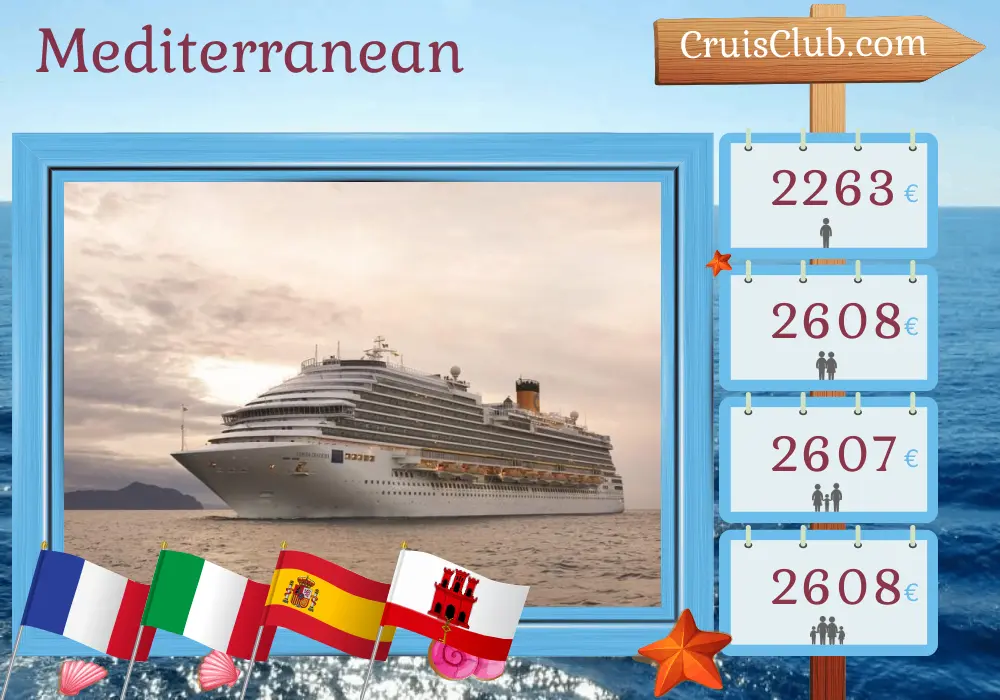 Cruise in the Mediterranean from Marseille aboard Costa Diadema ship with visits to France, Italy, Spain, and Gibraltar for 11 days