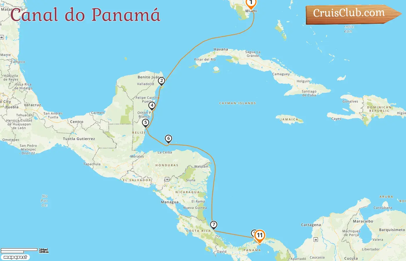 Cruzeiro no Canal do Panamá de Miami para a Cidade do Panamá a bordo do navio Oceania Insignia com visitas aos EUA, México, Belize, Honduras, Costa Rica e Panamá por 11 dias
