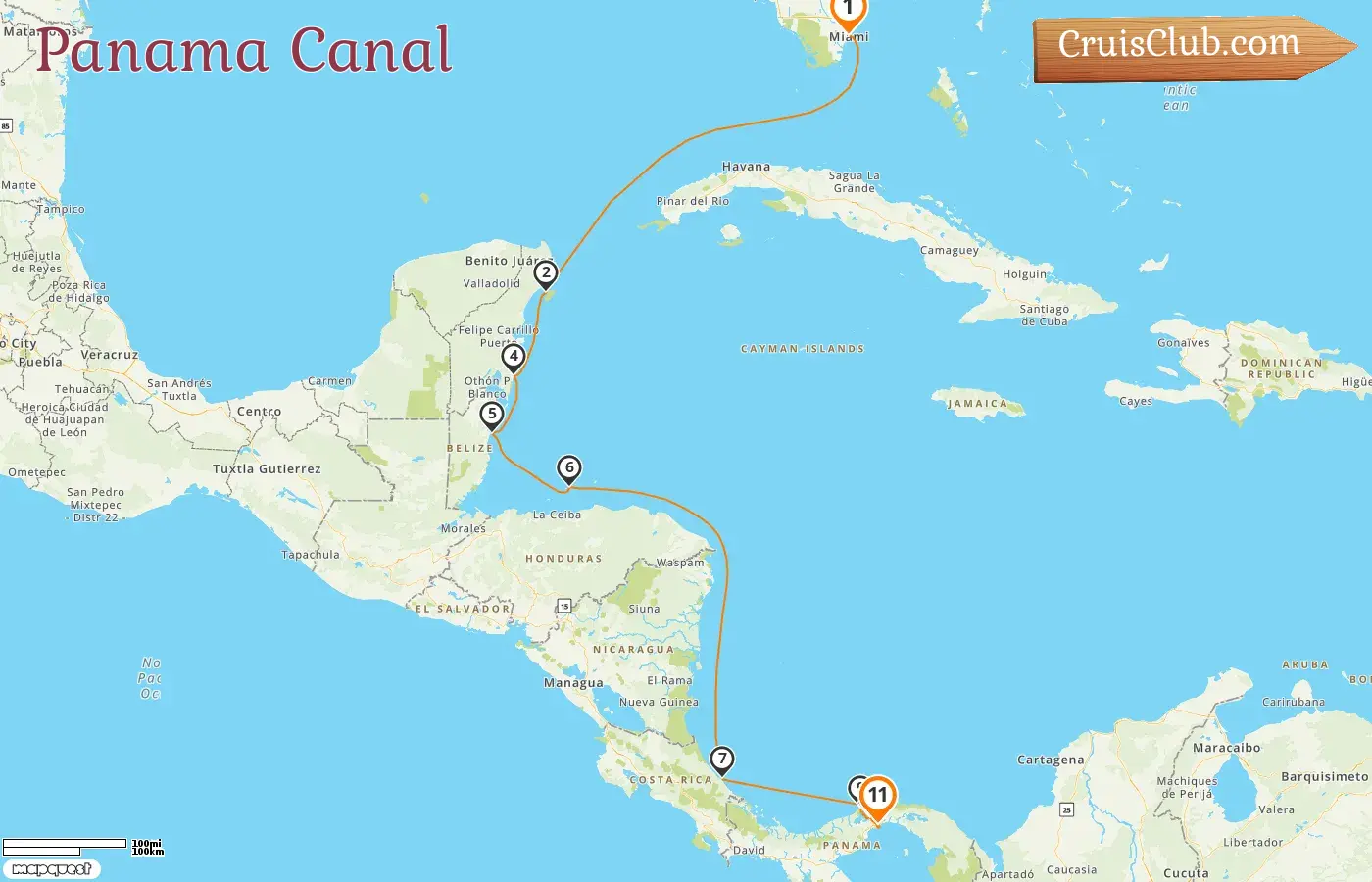 Cruise in the Panama Canal from Miami to Panama City aboard Oceania Insignia ship with visits to USA, Mexico, Belize, Honduras, Costa Rica, and Panama for 11 days