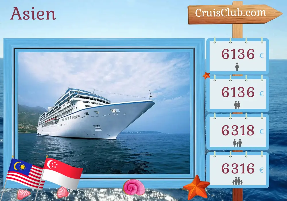 Kreuzfahrt in Asien von Benoa nach Singapur an Bord des Schiffes Oceania Regatta mit Stopps in Indonesien, Malaysia, Thailand und Singapur für 15 Tage
