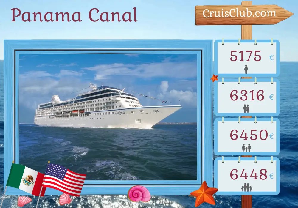 Cruise in the Panama Canal from Panama City to Miami aboard Oceania Insignia ship with visits to Panama, Colombia, Costa Rica, Honduras, Mexico, and USA for 11 days