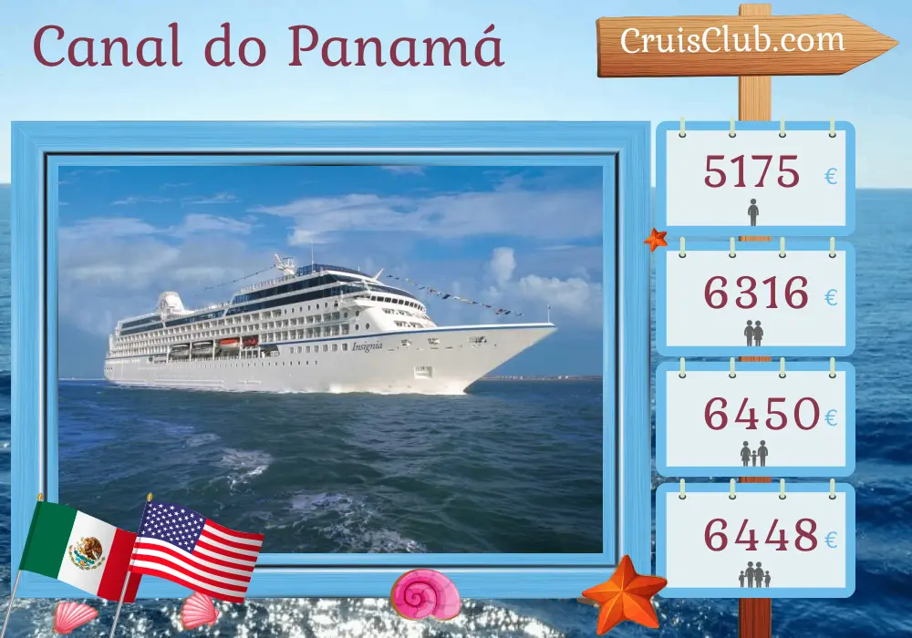 Cruzeiro no Canal do Panamá de Cidade do Panamá para Miami a bordo do navio Oceania Insignia com visitas ao Panamá, Colômbia, Costa Rica, Honduras, México e EUA por 11 dias