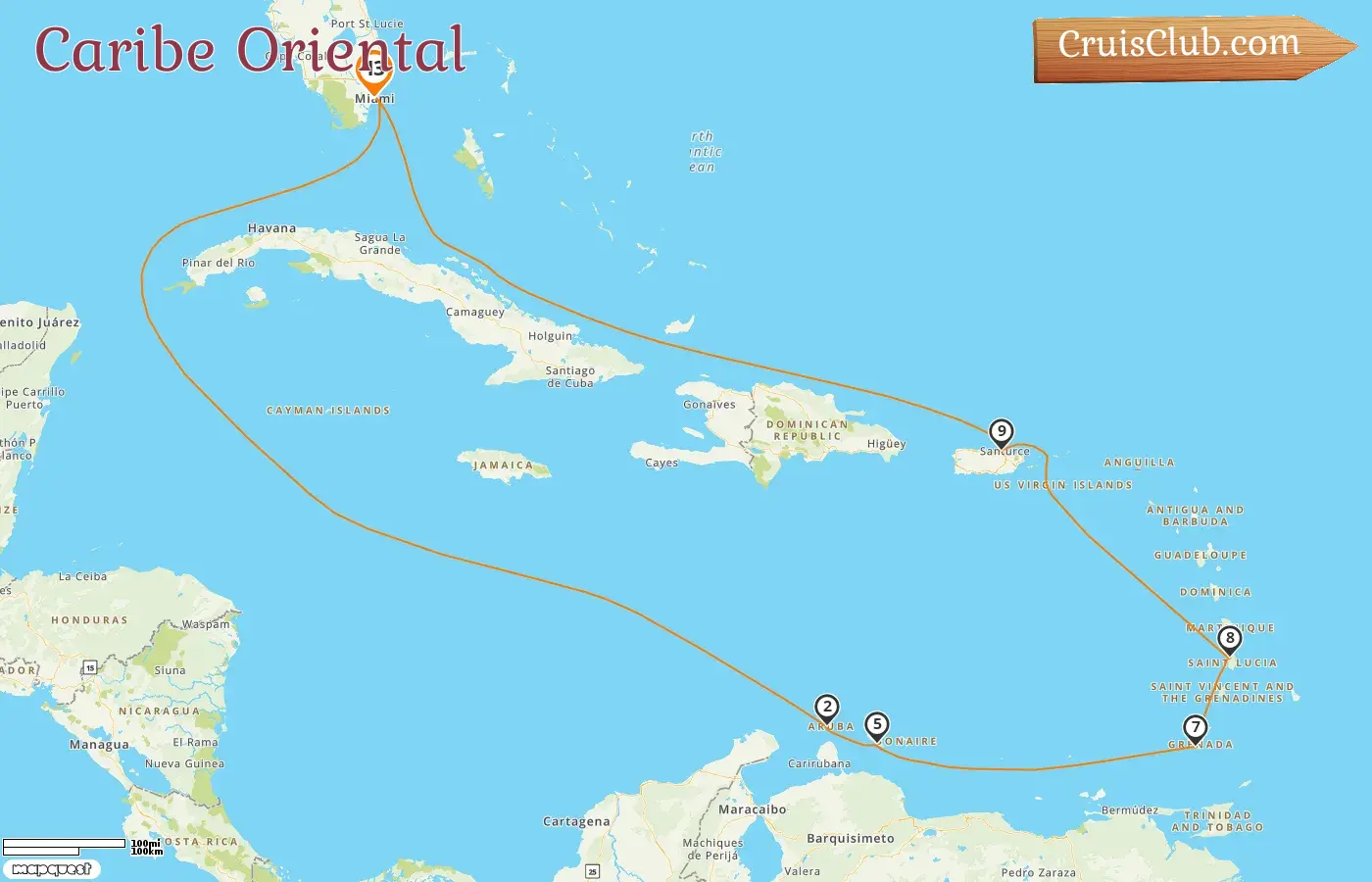 Crucero por el Caribe Oriental desde Miami a bordo del barco Oceania Insignia con visitas a Estados Unidos, Aruba, Curazao, Granada y Puerto Rico por 13 días
