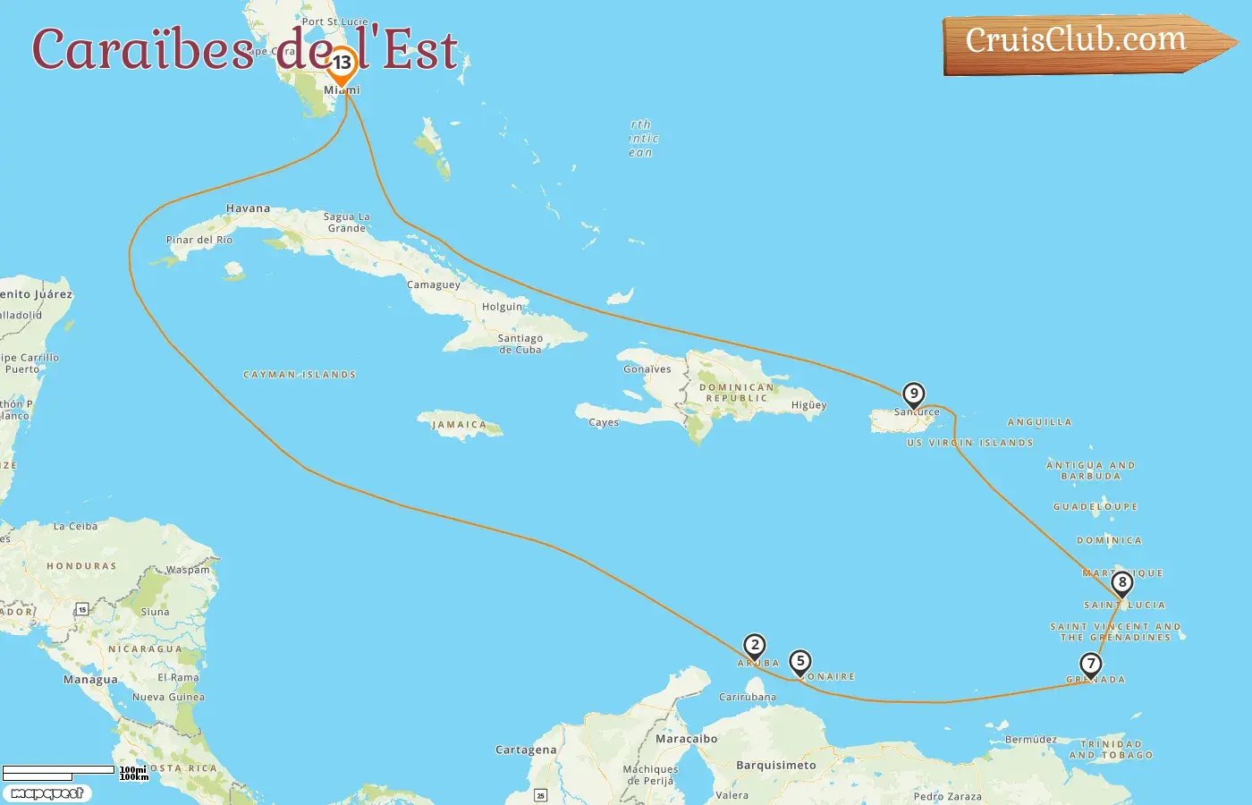 Croisière dans les Caraïbes orientales au départ de Miami à bord du navire Oceania Insignia avec des escales aux États-Unis, à Aruba, Curaçao, Grenade et Porto Rico pendant 13 jours