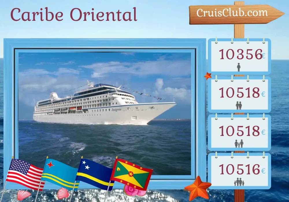 Crucero por el Caribe Oriental desde Miami a bordo del barco Oceania Insignia con visitas a Estados Unidos, Aruba, Curazao, Granada y Puerto Rico por 13 días