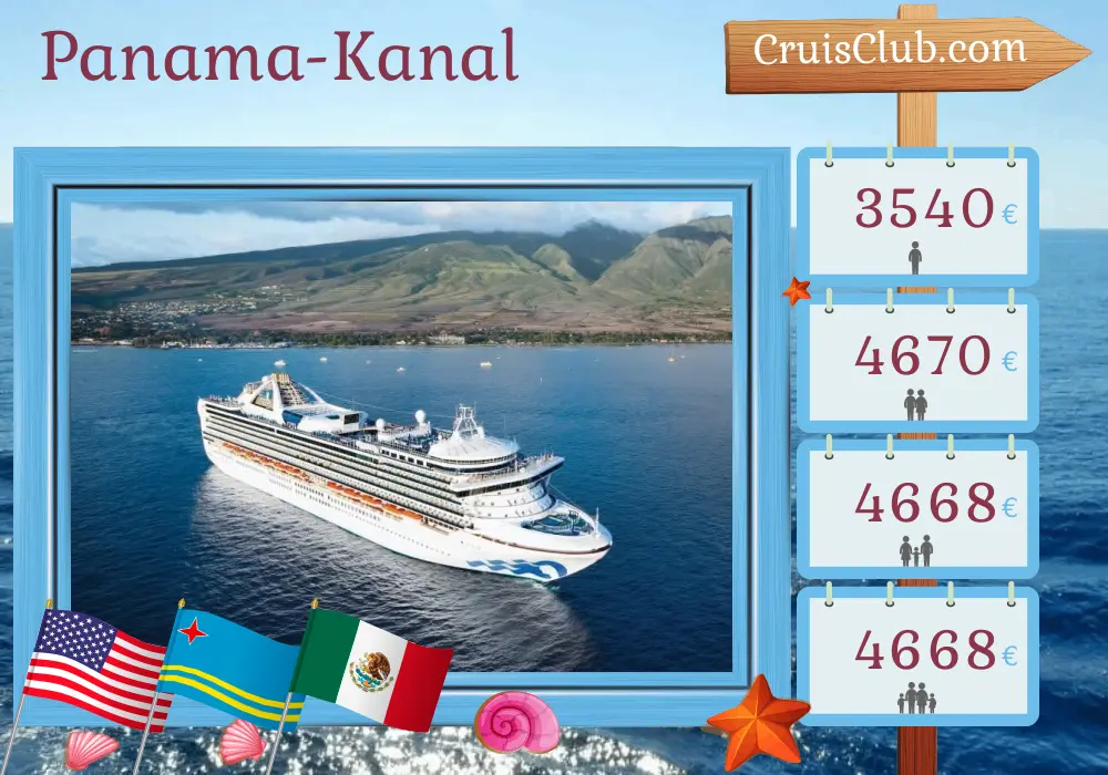 Kreuzfahrt im Panamakanal von Fort Lauderdale nach Los Angeles an Bord des Schiffes Grand Princess mit Stopps in den USA, Aruba, Panama, Costa Rica und Mexiko für 17 Tage