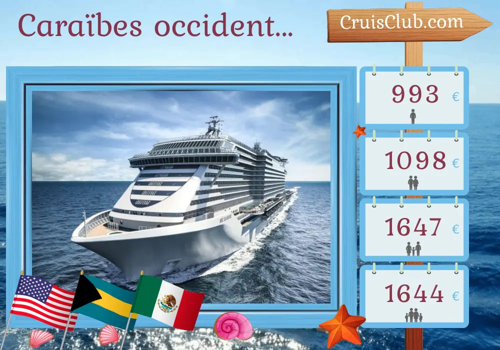 Croisière dans les Caraïbes occidentales au départ de Port Canaveral / Orlando à bord du navire MSC Seashore avec des escales aux États-Unis, aux Bahamas, au Honduras et au Mexique pendant 8 jours
