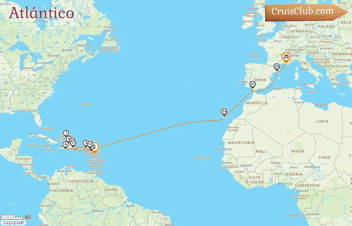 Crucero en el Transatlántico de Pointe-à-Pitre a Marsella a bordo del barco Costa Pacifica con visitas a Guadalupe, República Dominicana, España y Francia durante 25 días