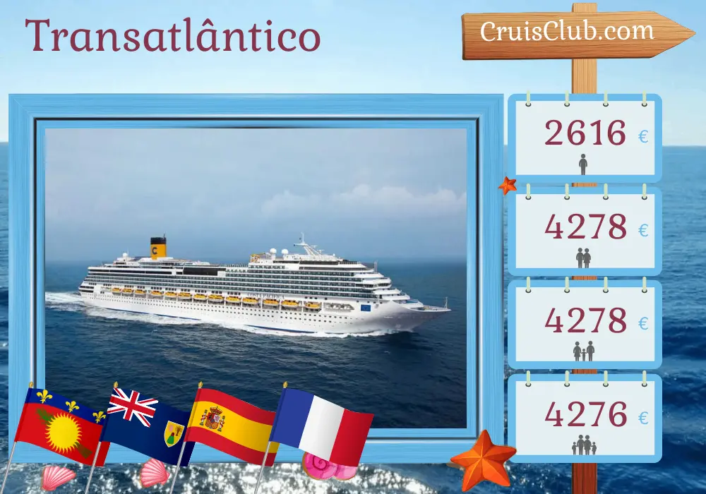 Cruzeiro Transatlântico de Pointe-à-Pitre até Marselha a bordo do navio Costa Pacifica com visitas à Guadalupe, República Dominicana, Espanha e França por 25 dias