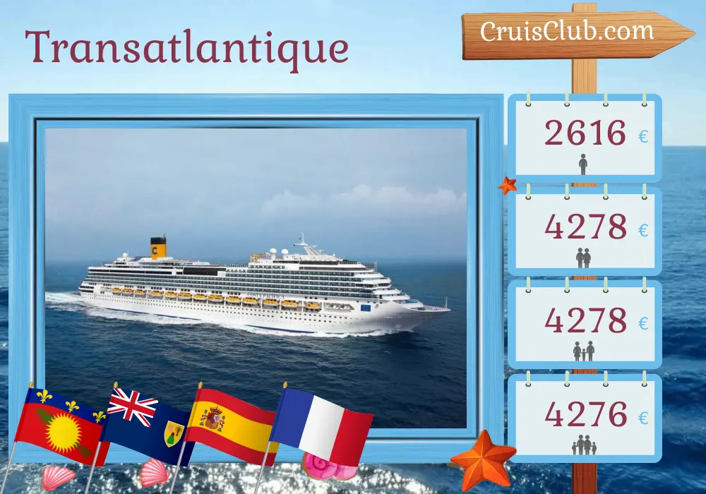 Croisière à travers l`Atlantique de Pointe-à-Pitre à Marseille à bord du navire Costa Pacifica avec des escales en Guadeloupe, en République dominicaine, en Espagne et en France pendant 25 jours