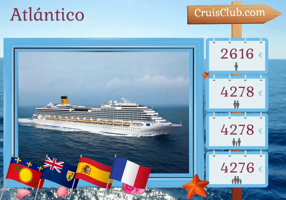 Crucero en el Transatlántico de Pointe-à-Pitre a Marsella a bordo del barco Costa Pacifica con visitas a Guadalupe, República Dominicana, España y Francia durante 25 días