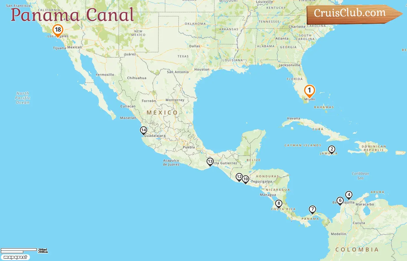 Cruise in the Panama Canal from Miami to Los Angeles aboard Oceania Vista ship with visits to USA, Jamaica, Colombia, Panama, Costa Rica, El Salvador, Guatemala, and Mexico for 18 days