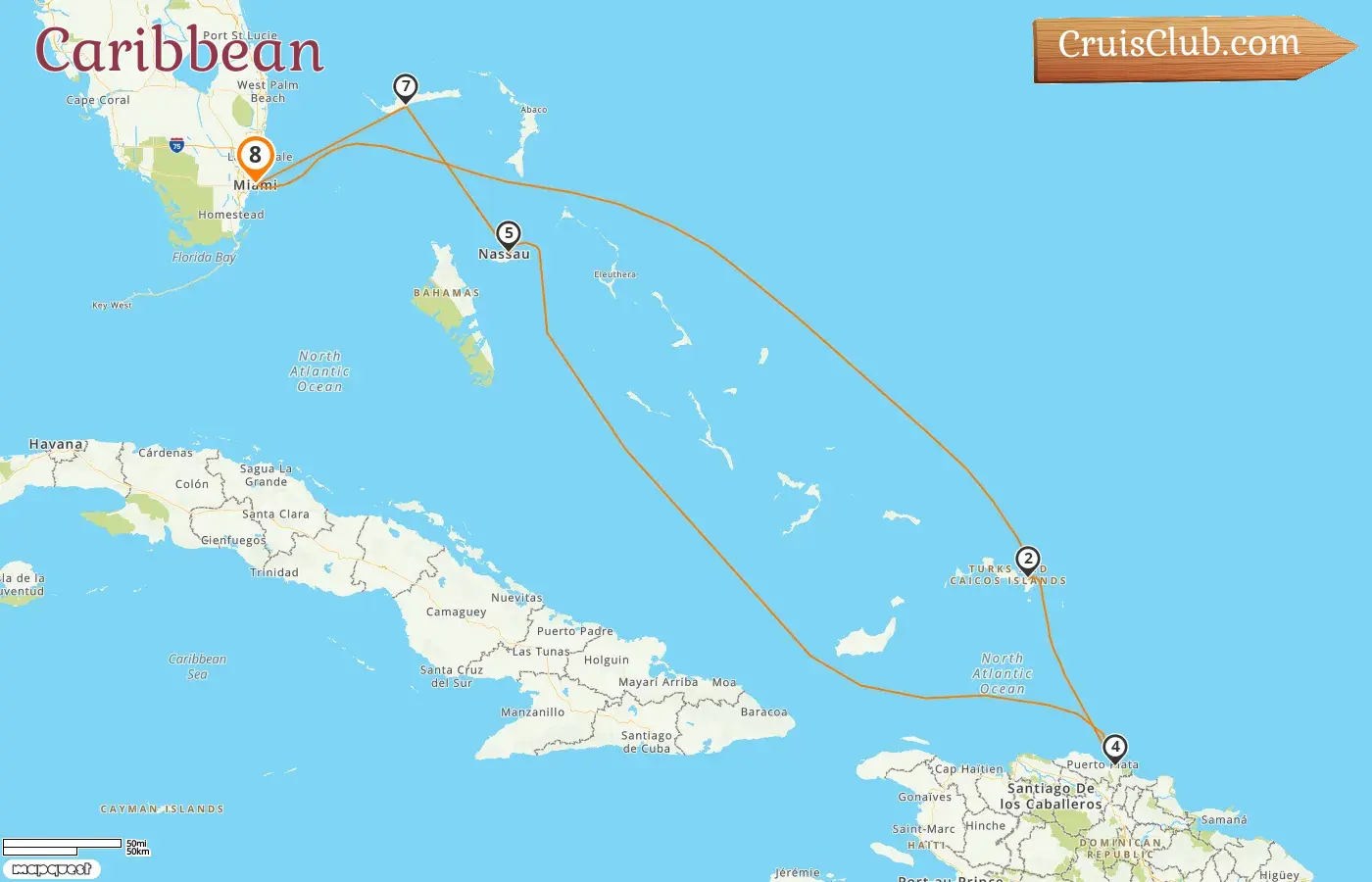 Cruise in the Caribbean from Miami aboard Carnival Celebration ship with visits to USA, Dominican Republic, and Bahamas for 8 days