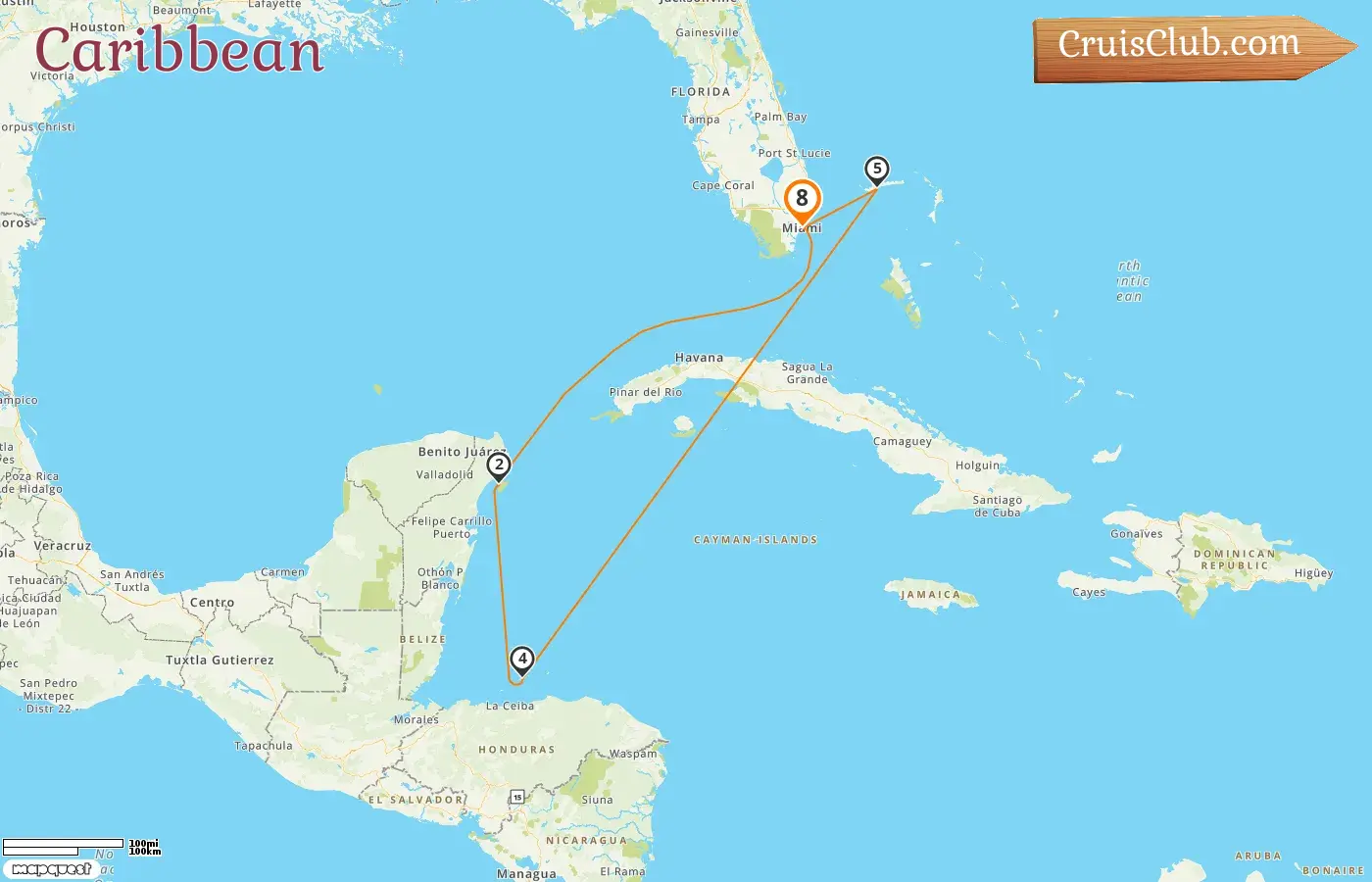 Cruise in the Caribbean from Miami aboard Carnival Celebration ship with visits to USA, Mexico, Honduras, and Bahamas for 8 days