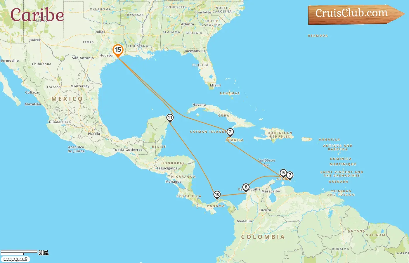 Cruzeiro no Caribe a partir de Galveston a bordo do navio Carnival Legend com visitas aos EUA, Jamaica, Aruba, Curaçao, Colômbia, Panamá e México por 15 dias