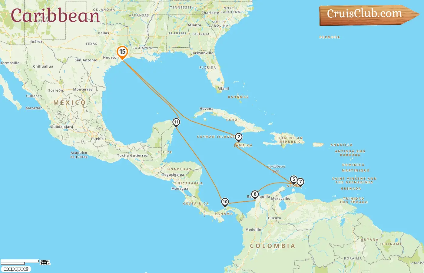 Cruise in the Caribbean from Galveston aboard Carnival Legend ship with visits to USA, Jamaica, Aruba, Curaçao, Colombia, Panama, and Mexico for 15 days