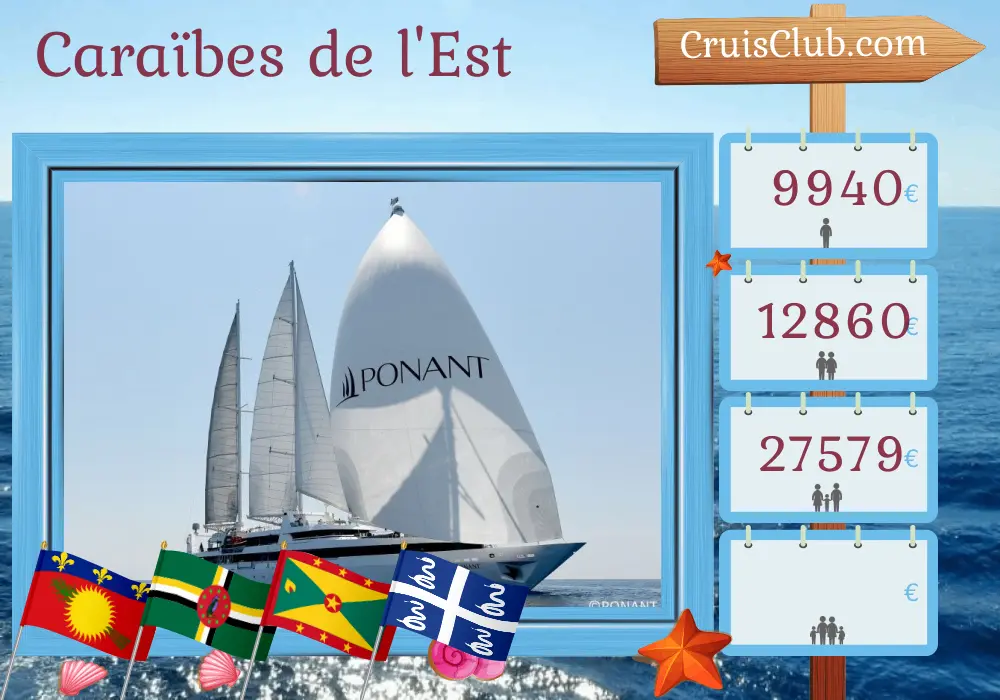 Croisière dans les Caraïbes orientales depuis Pointe-à-Pitre à bord du navire Le Ponant avec escales en Guadeloupe, Dominique, Saint-Vincent-et-les-Grenadines, Grenade et Martinique pendant 8 jours