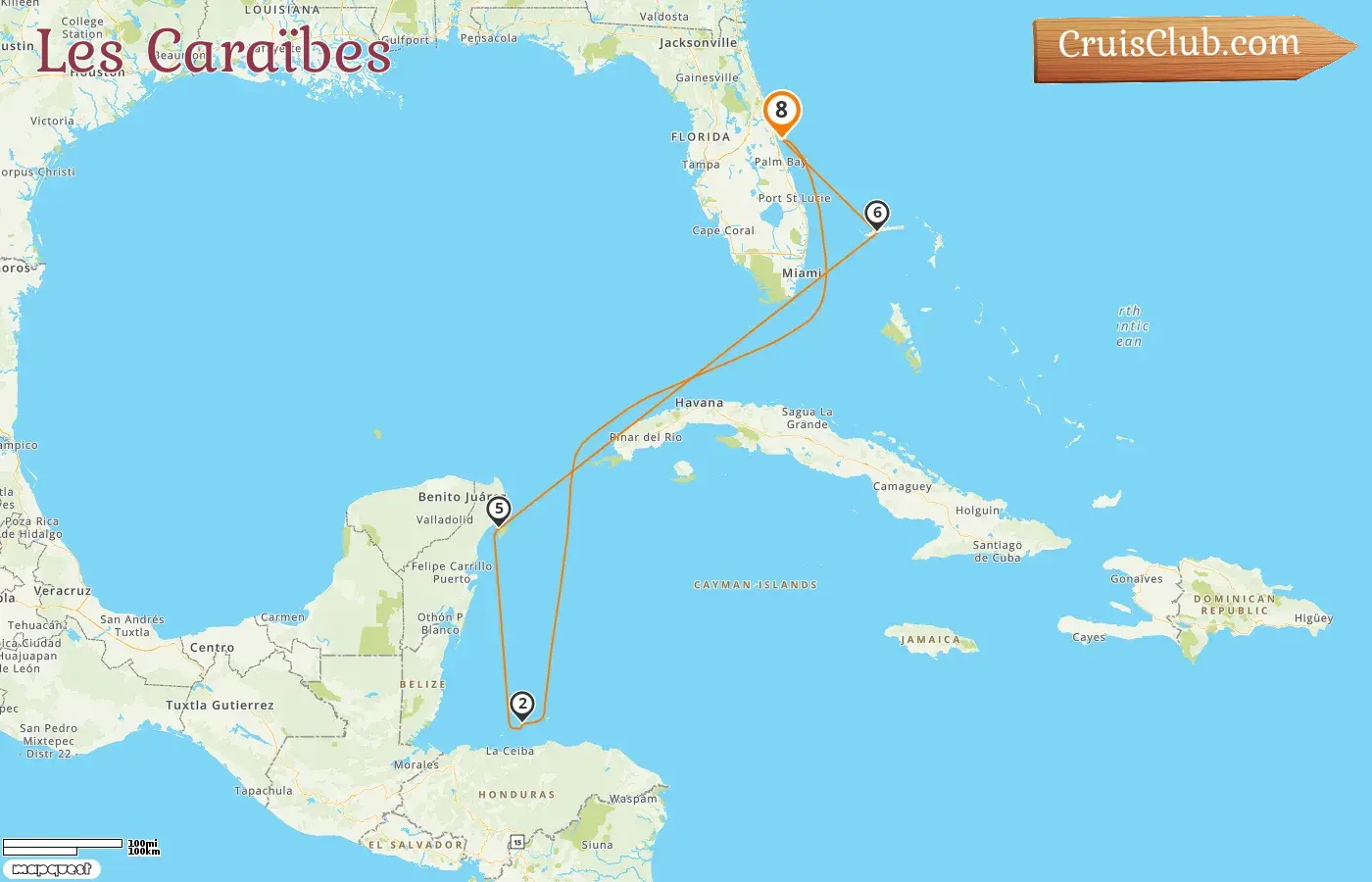 Croisière dans les Caraïbes au départ de Port Canaveral / Orlando à bord du navire Mardi Gras avec des visites aux États-Unis, au Honduras, au Mexique et aux Bahamas pendant 8 jours