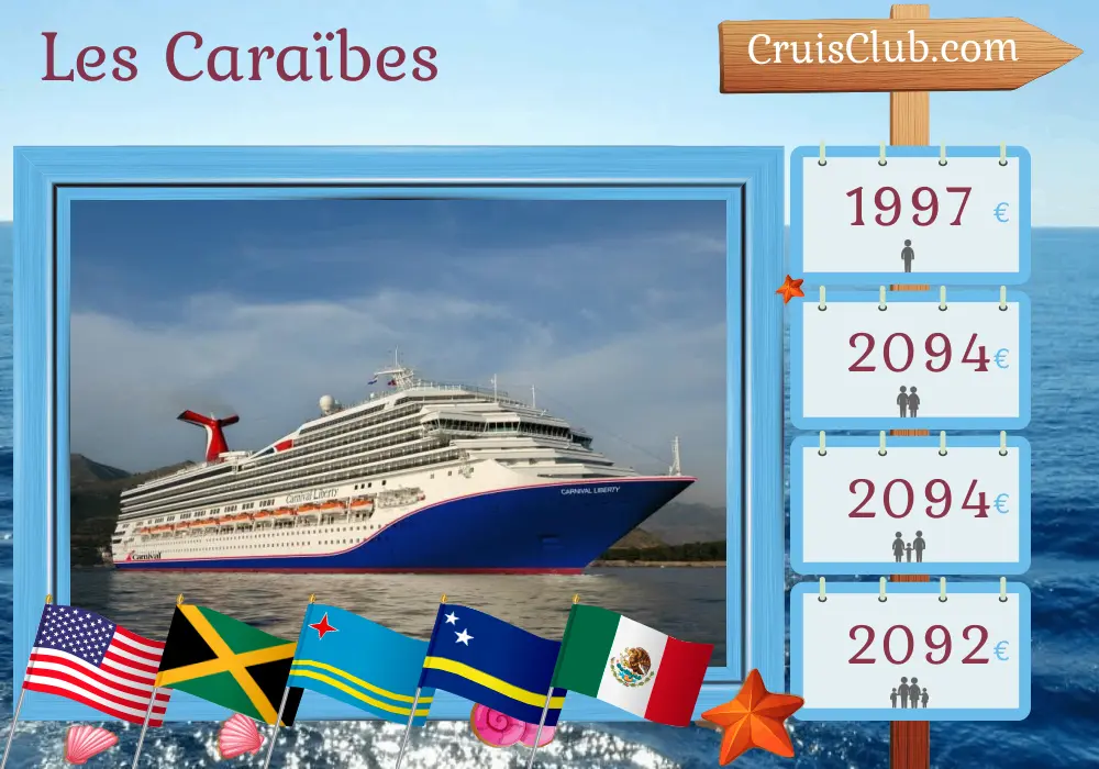Croisière dans les Caraïbes au départ de La Nouvelle-Orléans à bord du navire Carnival Liberty avec des escales aux États-Unis, en Jamaïque, à Aruba, à Curaçao, en Colombie, au Panama et au Mexique pendant 15 jours