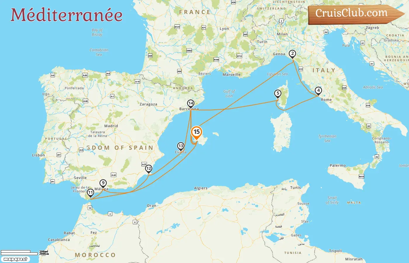 Croisière en Méditerranée au départ de Palma à bord du navire AIDAcosma avec des visites en Espagne, en Italie, en France et à Gibraltar pendant 15 jours