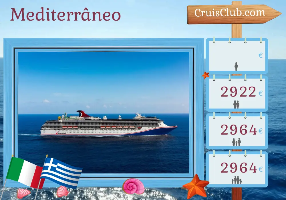 Cruzeiro no Mediterrâneo a bordo do navio Carnival Miracle com visitas à Itália, Turquia e Grécia por 9 dias