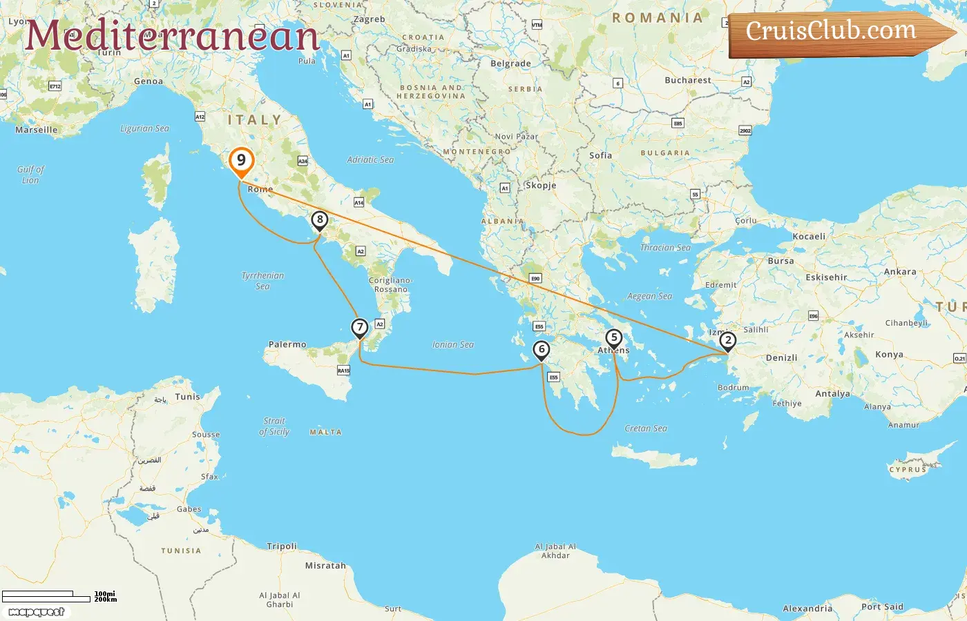Cruise in the Mediterranean from Civitavecchia aboard Carnival Miracle ship with visits to Italy, Turkey, and Greece for 9 days