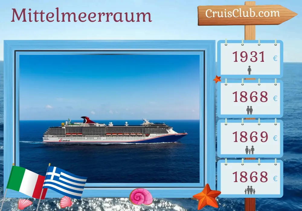 Kreuzfahrt im Mittelmeer ab Civitavecchia an Bord des Carnival Miracle-Schiffs mit Stopps in Italien, der Türkei und Griechenland für 9 Tage