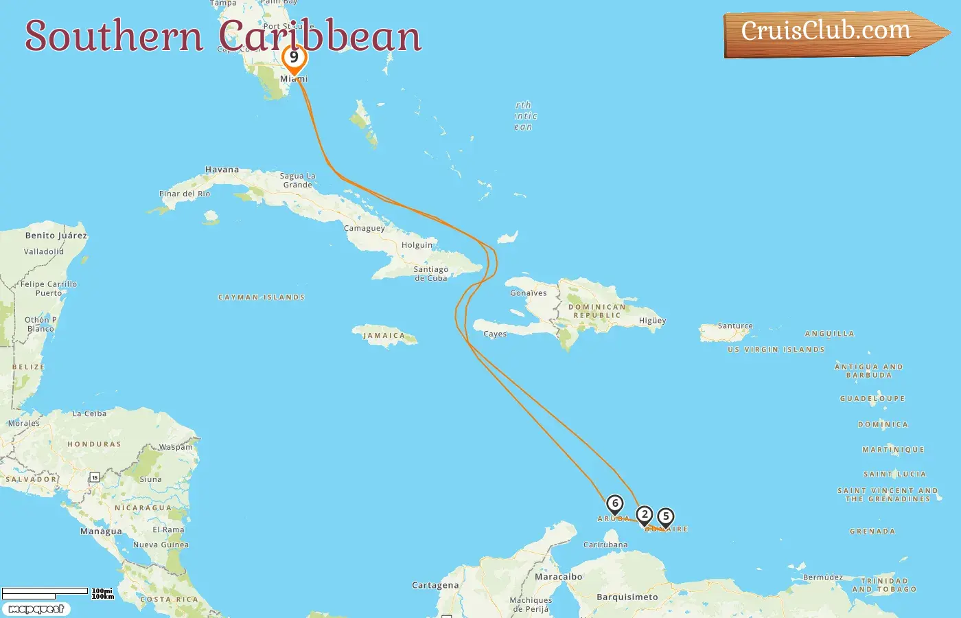 Cruise in the Southern Caribbean from Miami aboard Carnival Magic ship with visits to USA, Curaçao, and Aruba for 9 days