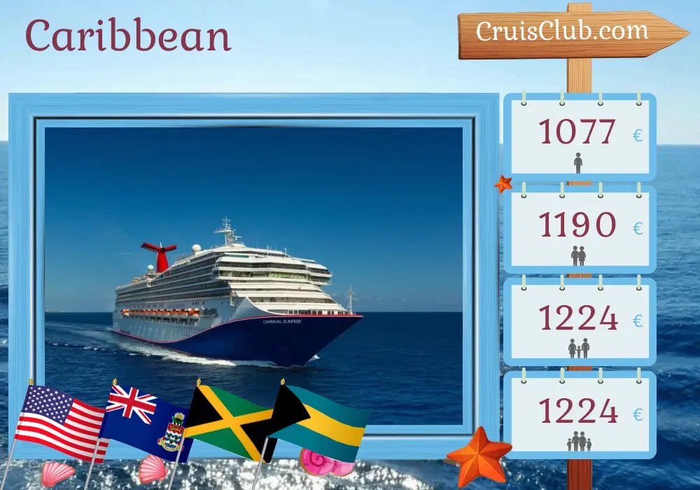 Cruise in the Caribbean from Miami aboard Carnival Sunrise ship with visits to USA, Cayman Islands, Jamaica, and Bahamas for 7 days