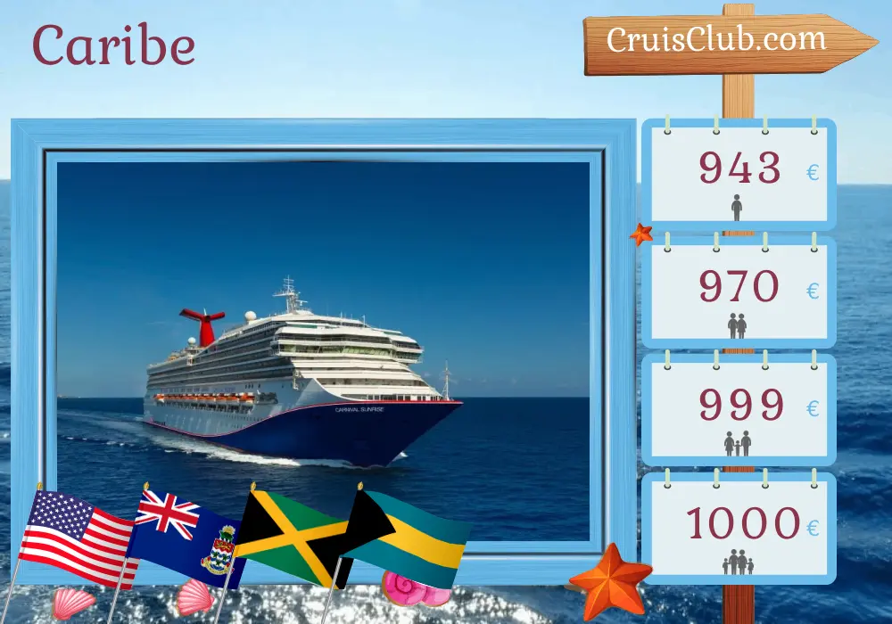 Cruzeiro no Caribe de Miami a bordo do navio Carnival Sunrise com visitas aos EUA, Ilhas Cayman, Jamaica e Bahamas por 7 dias