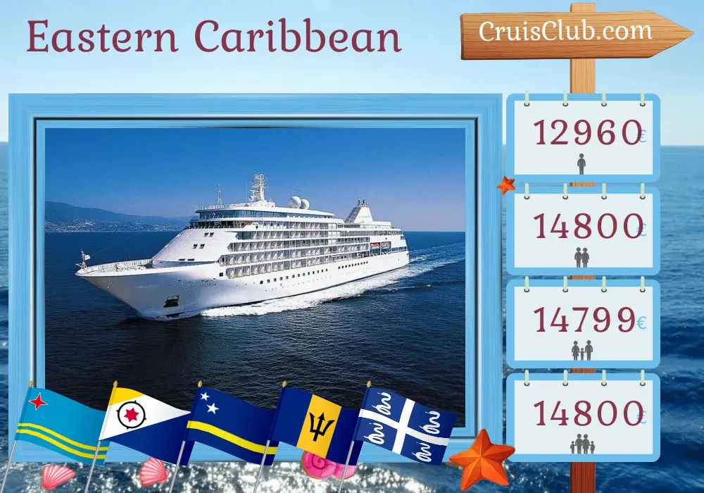Cruise in the Eastern Caribbean from Cartagena to Philipsburg aboard Silver Shadow ship with visits to Colombia, Aruba, Curaçao, Saint Vincent and the Grenadines, Barbados, Martinique, and Saint Barthélemy for 17 days