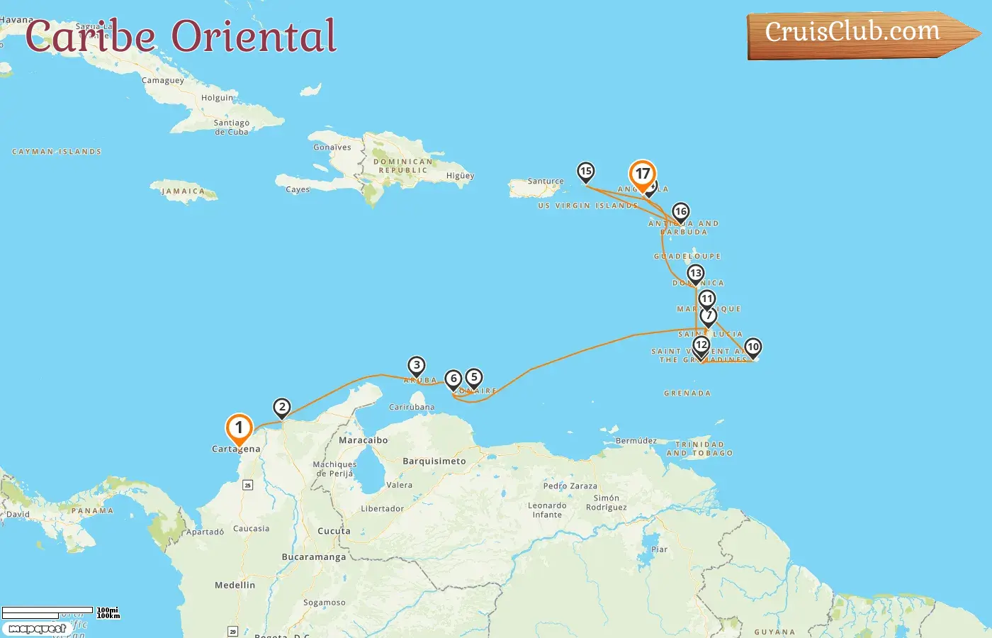 Cruzeiro no Caribe Oriental de Cartagena a Philipsburg a bordo do navio Silver Shadow com visitas à Colômbia, Aruba, Curaçao, São Vicente e Granadinas, Barbados, Martinica e São Bartolomeu por 17 dias