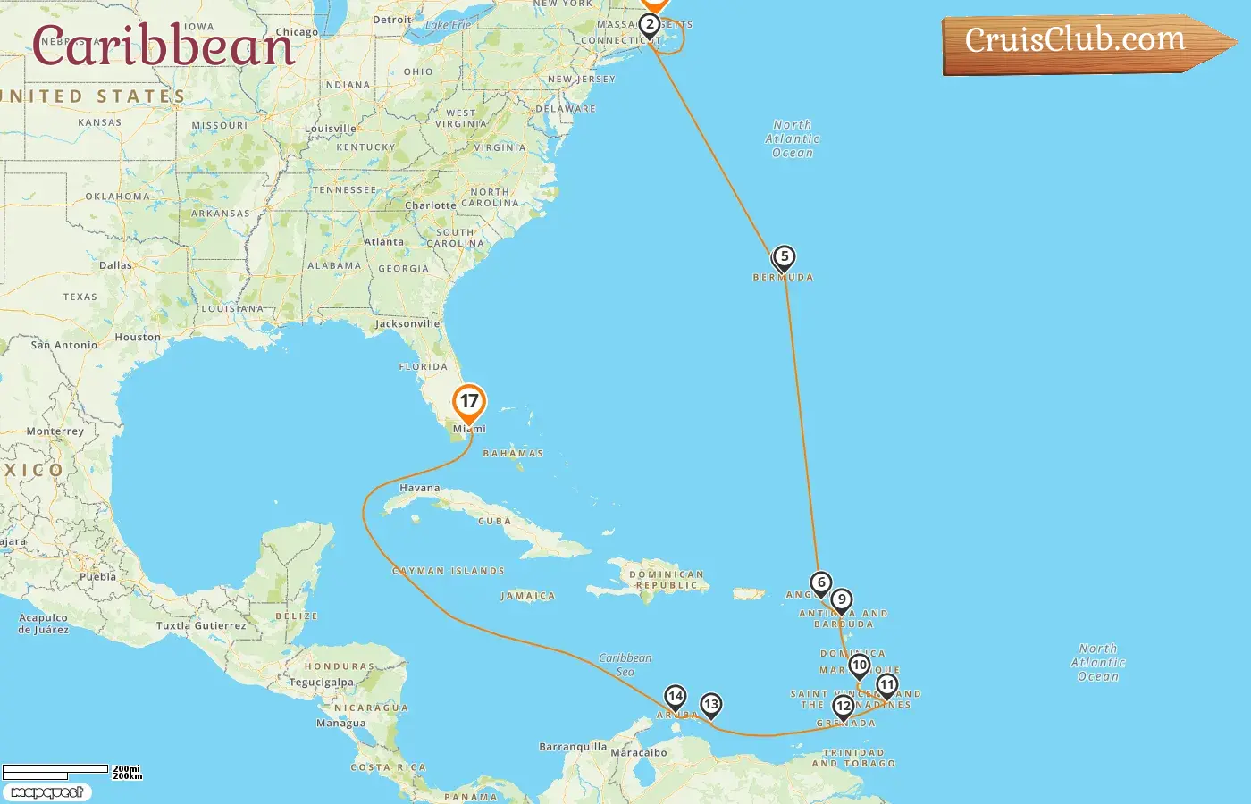 Cruise in the Caribbean from Boston to Miami aboard Oceania Insignia ship with visits to USA, Bermuda, Saint Barthélemy, Barbados, Grenada, and Aruba for 17 days