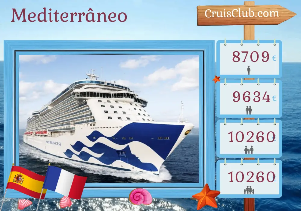 Cruzeiro no Mediterrâneo de Southampton a bordo do navio Sky Princess com visitas à Espanha e França por 15 dias