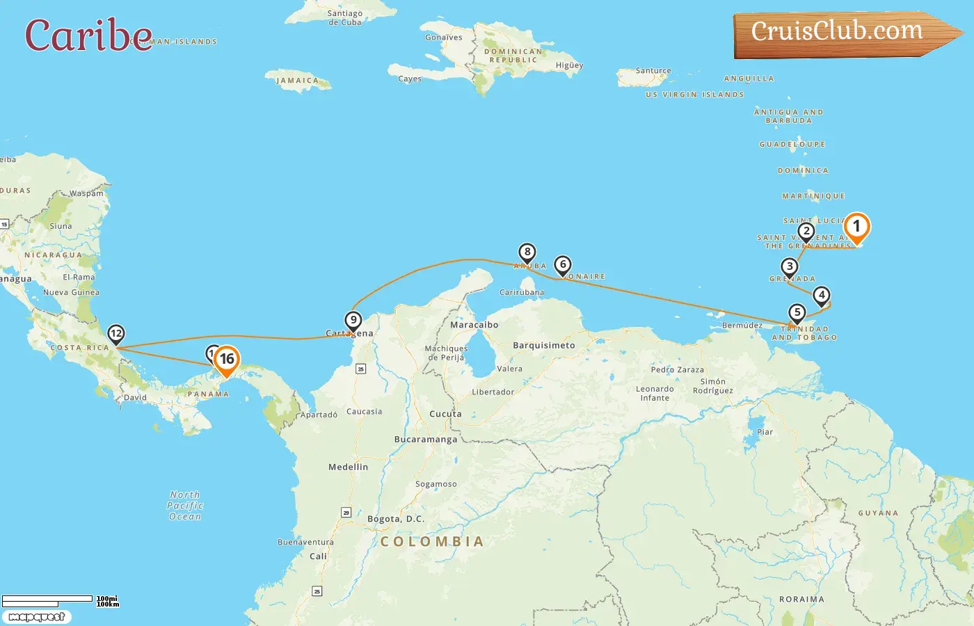 Cruzeiro no Caribe de Bridgetown para a Cidade do Panamá a bordo do navio Vasco da Gama com visitas a Barbados, São Vicente e Granadinas, Granada, Trinidad e Tobago, Curaçao, Aruba, Colômbia, Costa Rica e Panamá por 16 dias