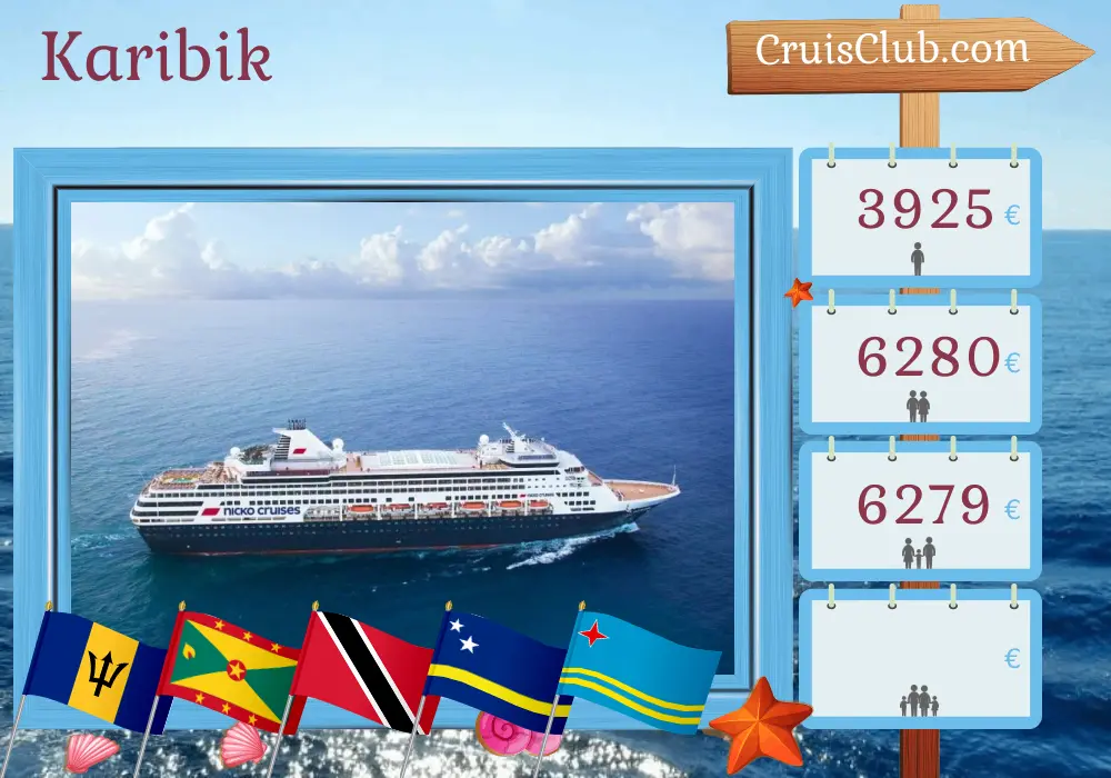 Kreuzfahrt in der Karibik von Bridgetown nach Panama City an Bord des Schiffes Vasco da Gama mit Besuchen in Barbados, Saint Vincent und die Grenadinen, Grenada, Trinidad und Tobago, Curaçao, Aruba, Kolumbien, Costa Rica und Panama für 16 Tage