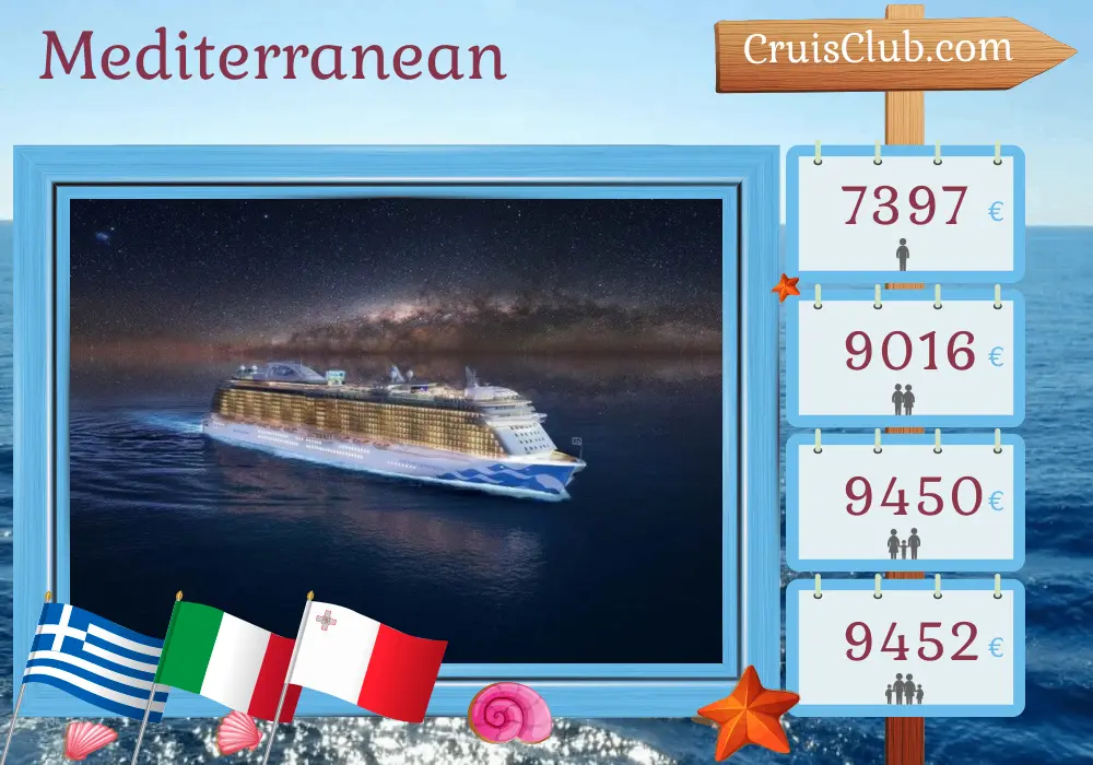 Cruise in the Mediterranean from Piraeus to Civitavecchia aboard Enchanted Princess ship with visits to Greece, Italy, Malta, and Turkey for 22 days