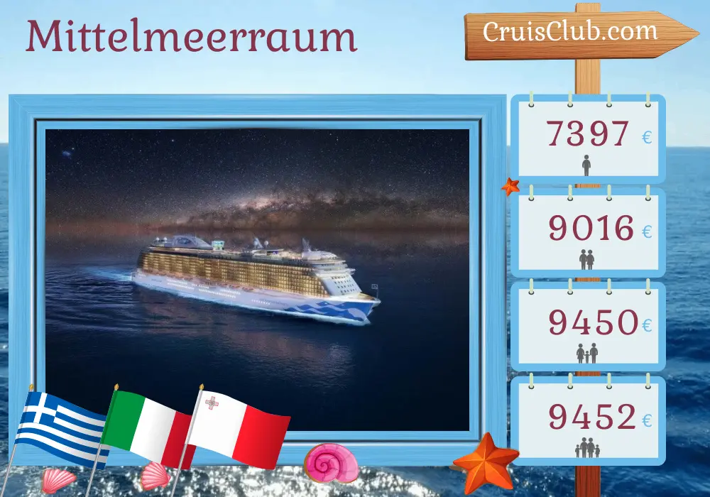 Kreuzfahrt im Mittelmeer von Piräus nach Civitavecchia an Bord des Schiffs Enchanted Princess mit Besuchen in Griechenland, Italien, Malta und der Türkei für 22 Tage