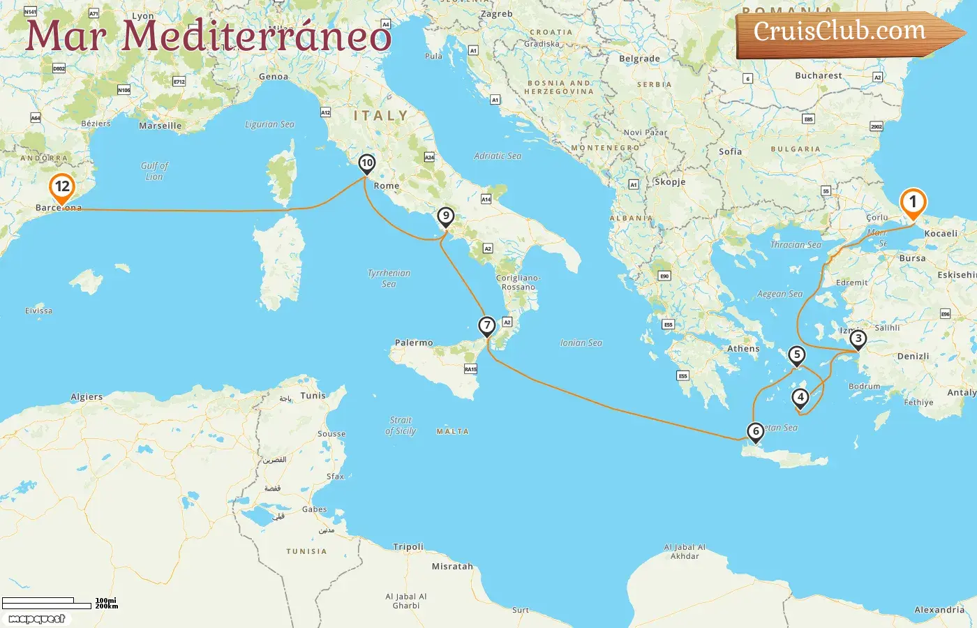 Crucero por el Mediterráneo desde Estambul hasta Barcelona a bordo del barco Sun Princess con visitas a Turquía, Grecia, Italia y España durante 12 días