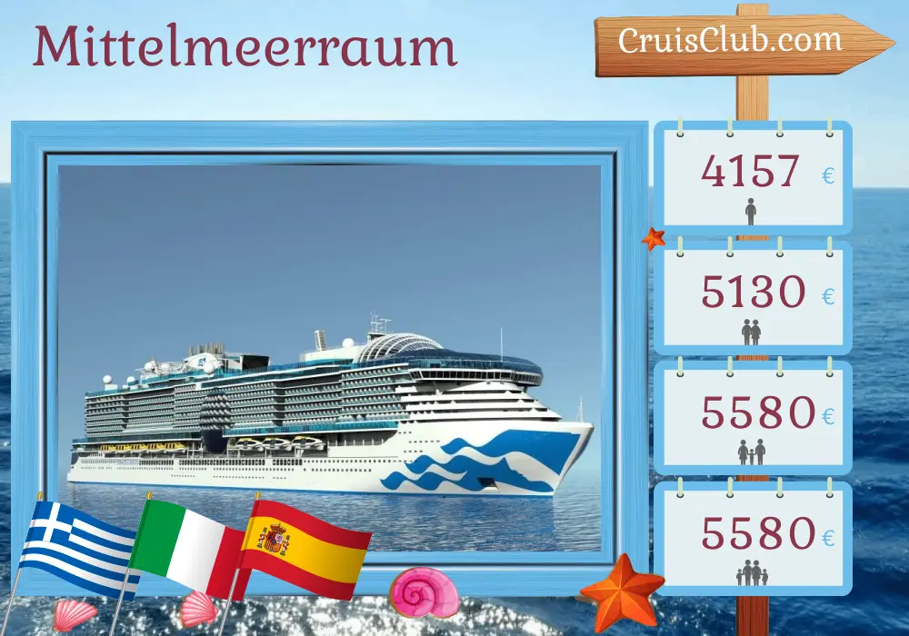 Kreuzfahrt im Mittelmeer von Istanbul nach Barcelona an Bord des Schiffes Sun Princess mit Stopps in der Türkei, Griechenland, Italien und Spanien für 12 Tage