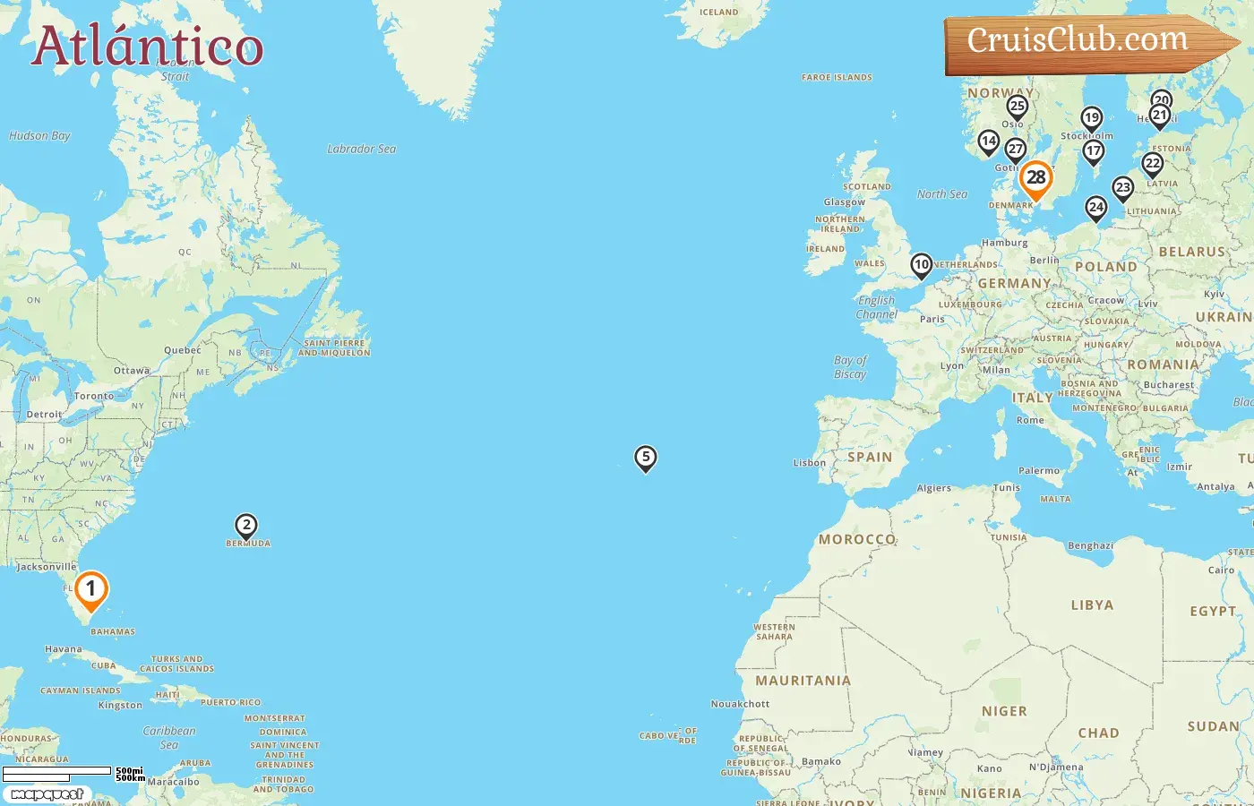 Crucero transatlántico de Fort Lauderdale a Copenhague a bordo del barco Caribbean Princess con visitas a EE. UU., Bermudas, Portugal, Noruega, Dinamarca, Suecia, Finlandia, Estonia, Letonia, Lituania y Polonia durante 28 días