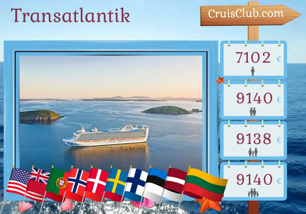 Kreuzfahrt über den Atlantik von Fort Lauderdale nach Kopenhagen an Bord des Schiffes Caribbean Princess mit Stopps in den USA, Bermuda, Portugal, Norwegen, Dänemark, Schweden, Finnland, Estland, Lettland, Litauen und Polen für 28 Tage