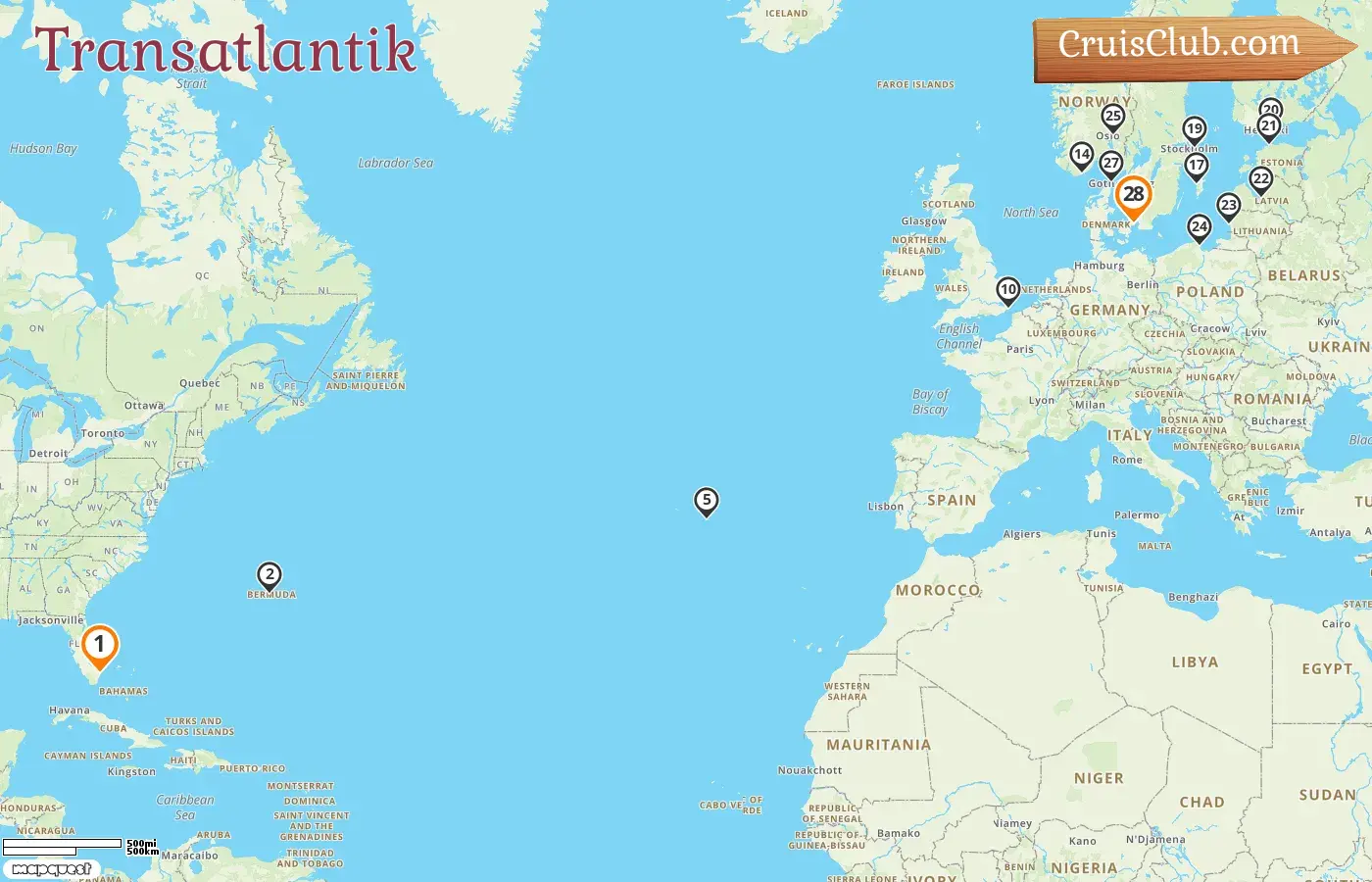 Kreuzfahrt über den Atlantik von Fort Lauderdale nach Kopenhagen an Bord des Schiffes Caribbean Princess mit Stopps in den USA, Bermuda, Portugal, Norwegen, Dänemark, Schweden, Finnland, Estland, Lettland, Litauen und Polen für 28 Tage