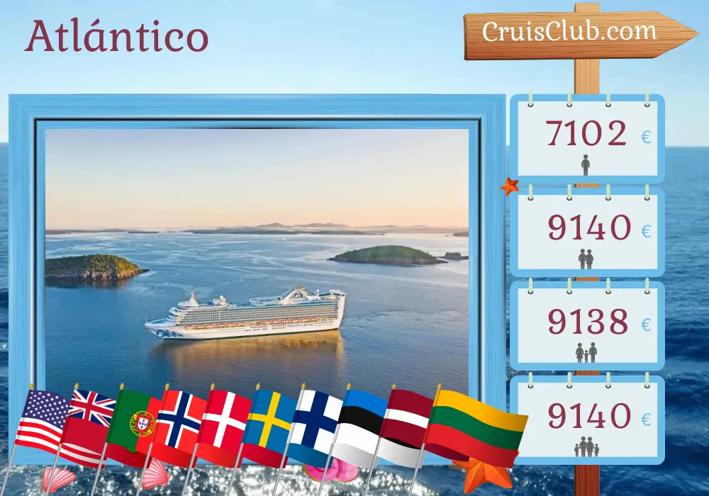 Crucero transatlántico de Fort Lauderdale a Copenhague a bordo del barco Caribbean Princess con visitas a EE. UU., Bermudas, Portugal, Noruega, Dinamarca, Suecia, Finlandia, Estonia, Letonia, Lituania y Polonia durante 28 días