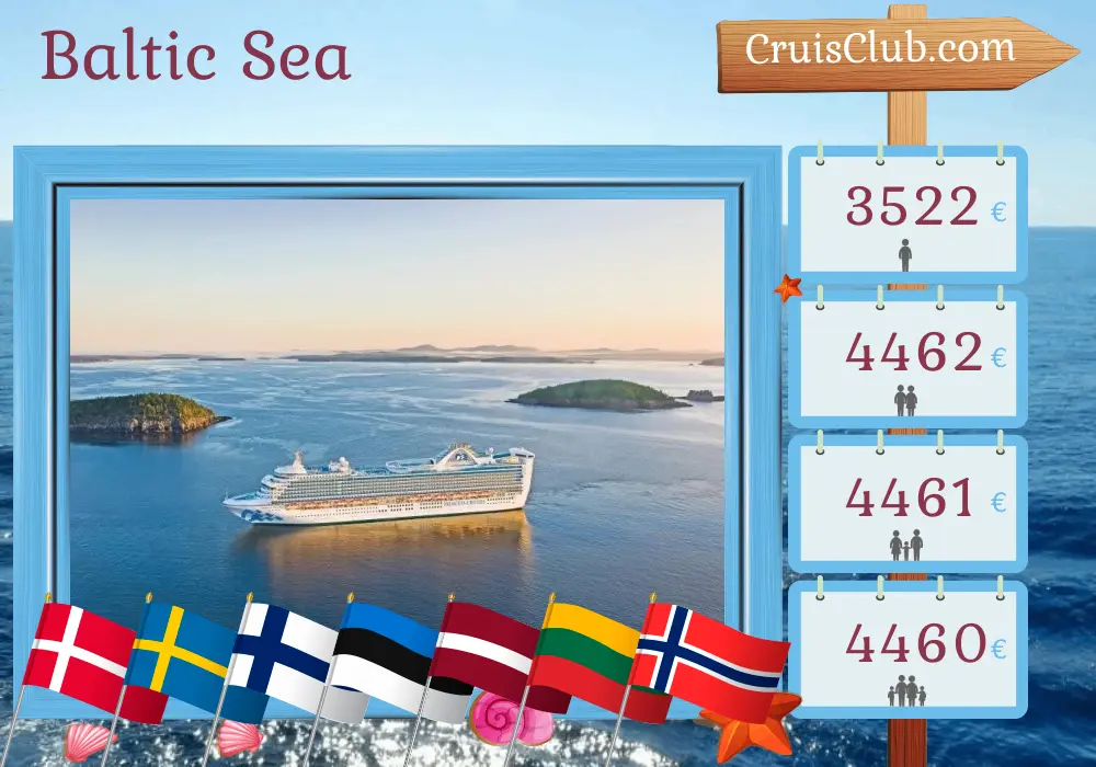 Cruise in the Baltic Sea from Copenhagen aboard Caribbean Princess ship with visits to Denmark, Sweden, Finland, Estonia, Latvia, Lithuania, Poland, and Norway for 13 days