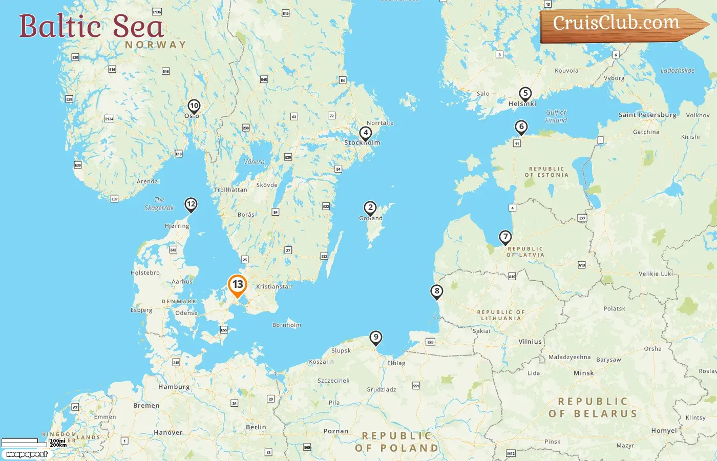 Cruise in the Baltic Sea from Copenhagen aboard Caribbean Princess ship with visits to Denmark, Sweden, Finland, Estonia, Latvia, Lithuania, Poland, and Norway for 13 days