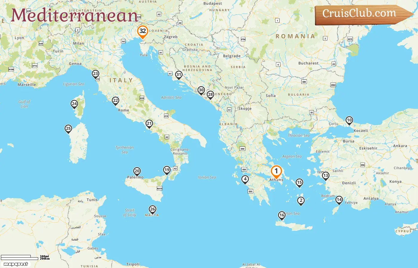 Cruise in the Mediterranean from Piraeus to Trieste aboard Enchanted Princess ship with visits to Greece, Italy, Malta, Turkey, France, Montenegro, and Croatia for 32 days